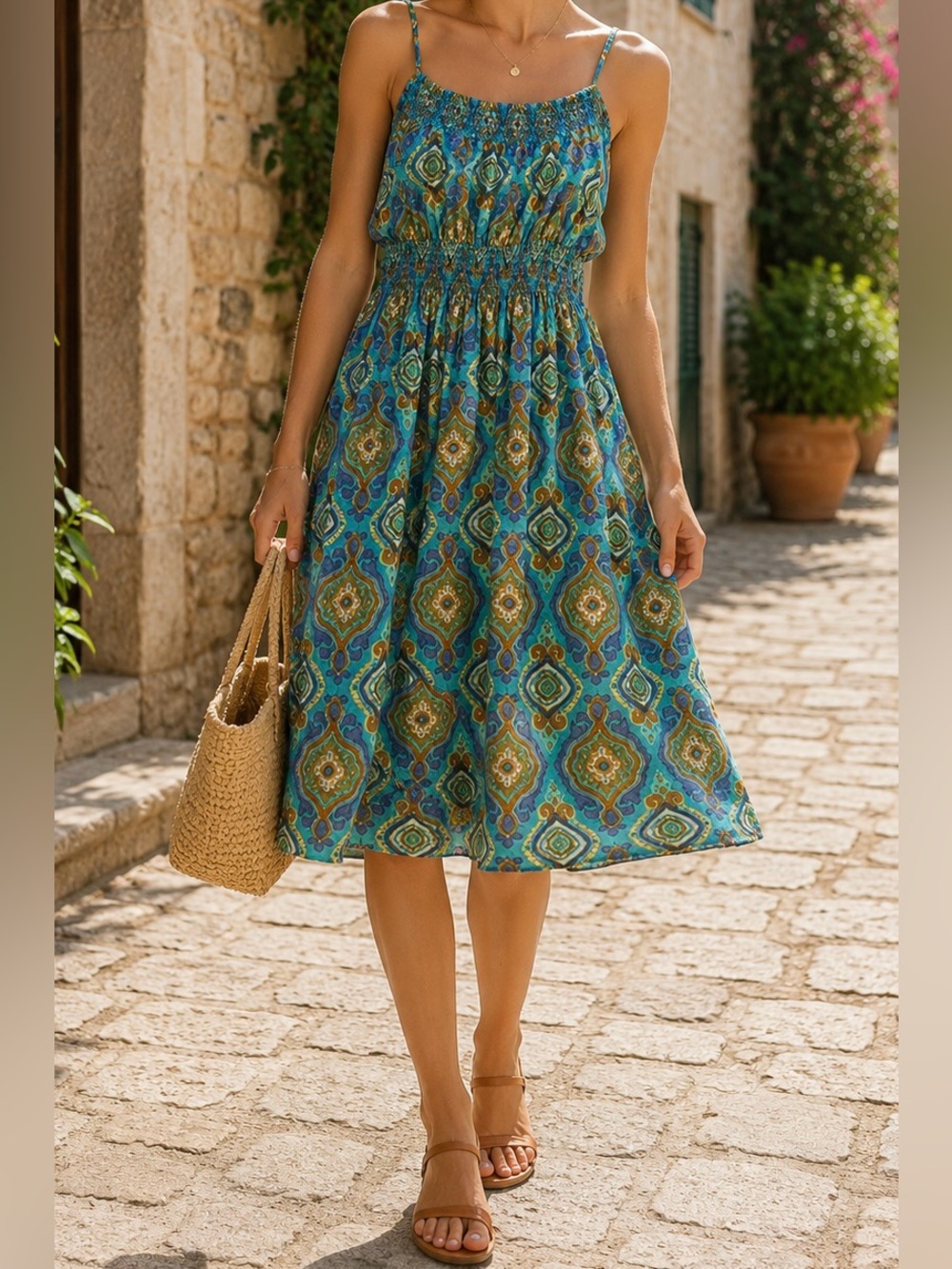 Andrew & Co. Blue Printed Boho Sundress - Large - Cotton, Boho, Summer Breeze